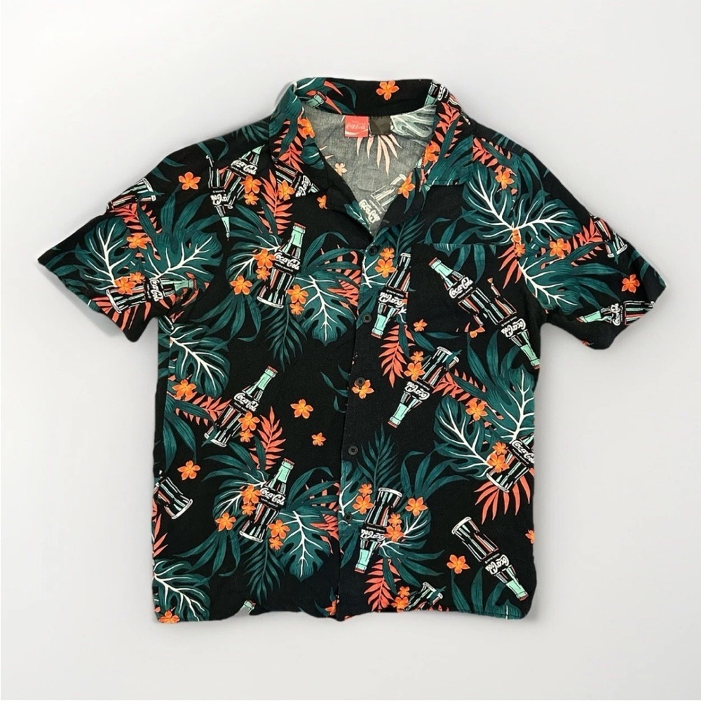 Coca Cola Hawaiian Button Down Shirt Men's Size M Floral & Coke Bottles Print